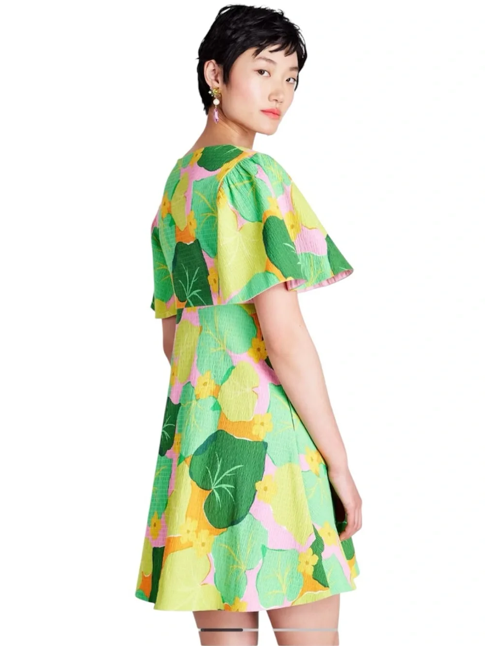 Kate Spade New York Cucumber Floral Pink Green V Neck Flutter Sleeve Mini Dress